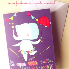 Biglietto illustrato con busta elefante sul filo con citazione :) 