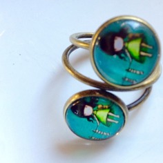 Anello doppio in metallo color bronzo illustrazione, sweet dolls cabochone 