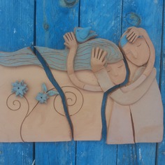 Pannello in terracotta, composizione ceramica, terracotta, turchese e azzurro 