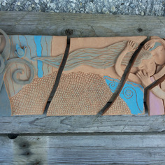 Pannello in terracotta, composizione ceramica, terracotta, turchese e azzurro 