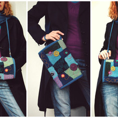 Manicotto patchwork lana verde azzurro blu con ricami 