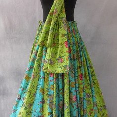 Jupe longue à fleurs bleue et verte en coton oiseaux de paradis 45 pans 